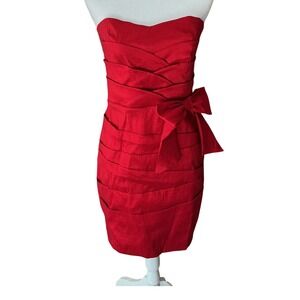 Red Strapless Bow Detail Cocktail Dress Early 2010s Glam Fitted Runs Sm